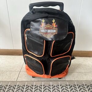 RARE Harley Davidson Kids Rolling Backpack Black Orange Flames Trolley Bag VTG